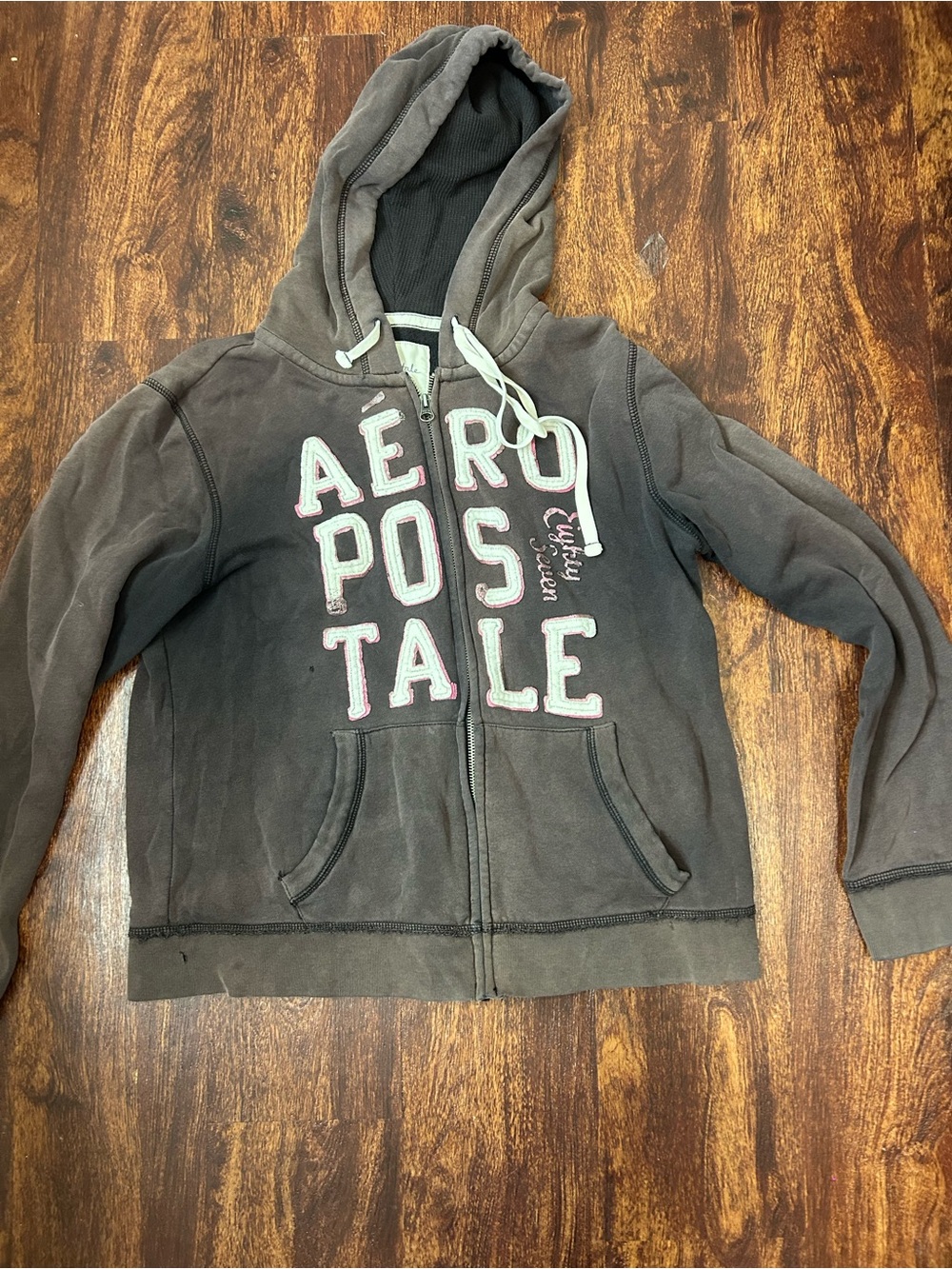 Aeropostale Brown Hooded Zip-Up Jacket with Pink-Accented Lettering